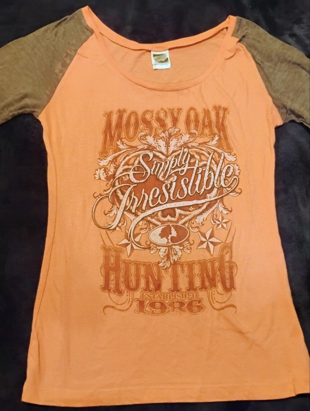 Vintage Mossy Oak Paramount Outdoors Graphic Raglan Women's Tee Orange Gray - XL